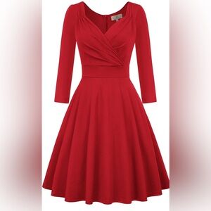 GRACE KARIN 3/4 Sleeve Flared Wrap V-Neck Swing Dress, Red, Size L